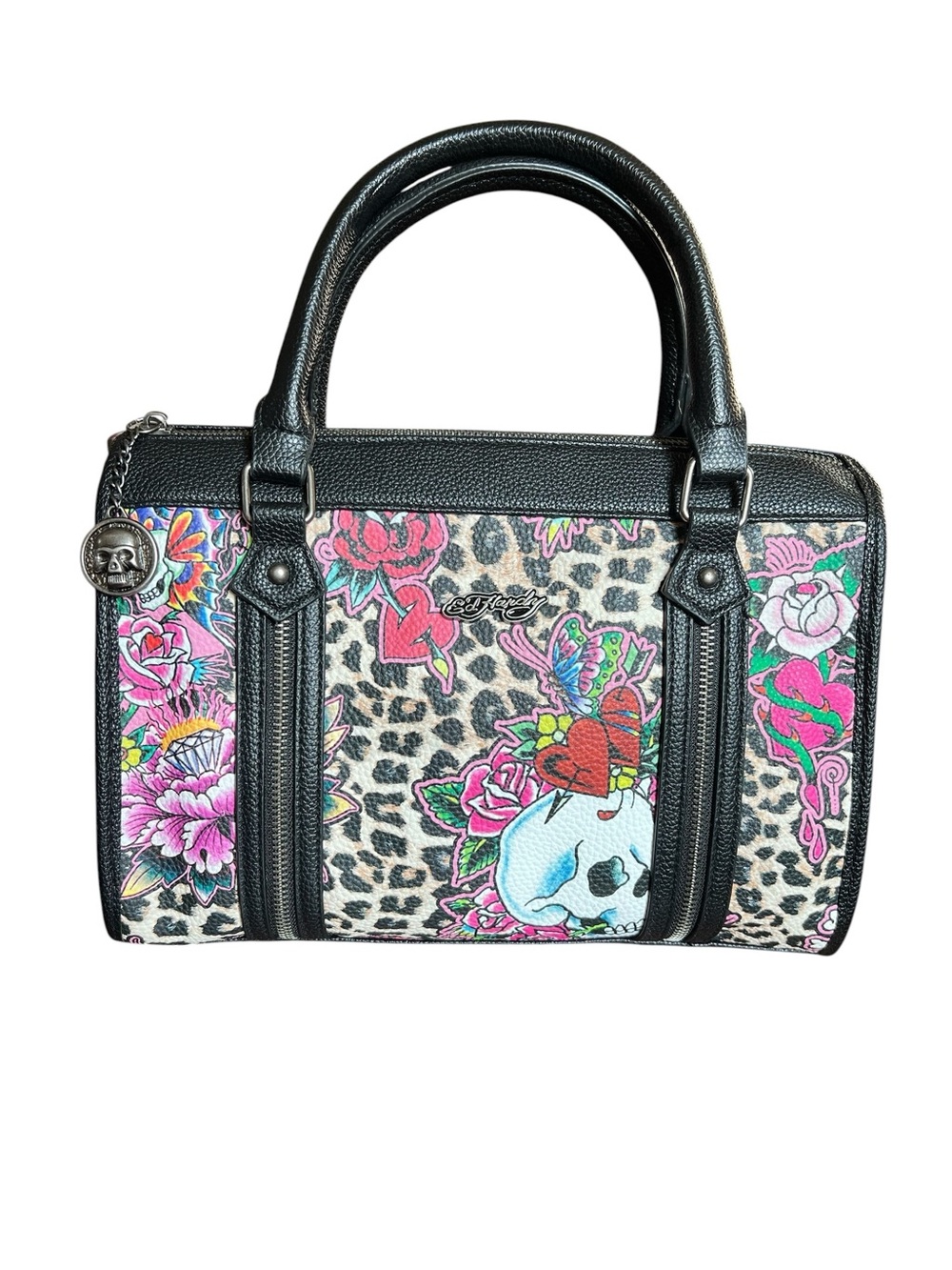 Ed Hardy Black Leopard Print Floral Skull Satchel - Black - Picture 2 of 10